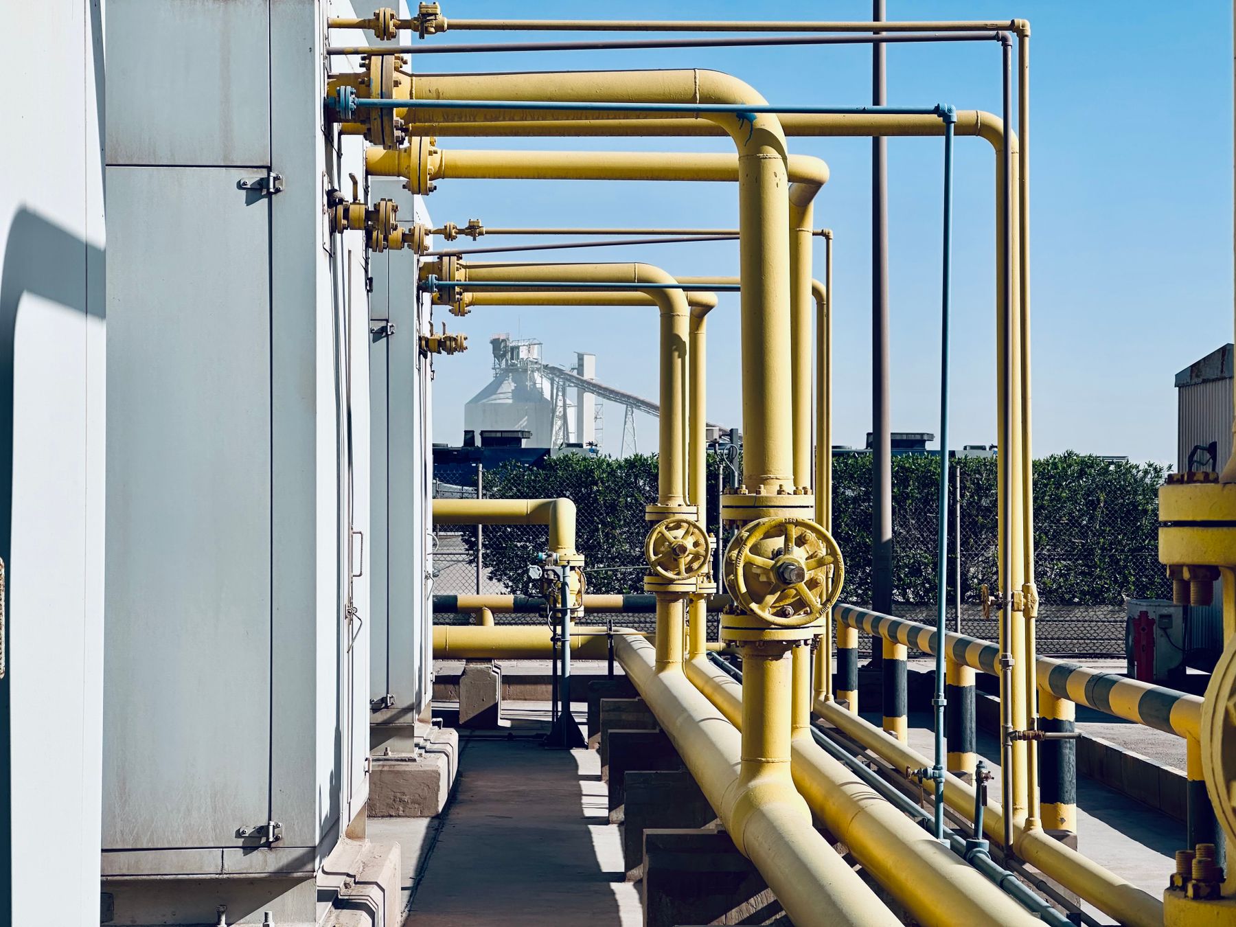 Rows of yellow gas pipework and valves at an industrial facility